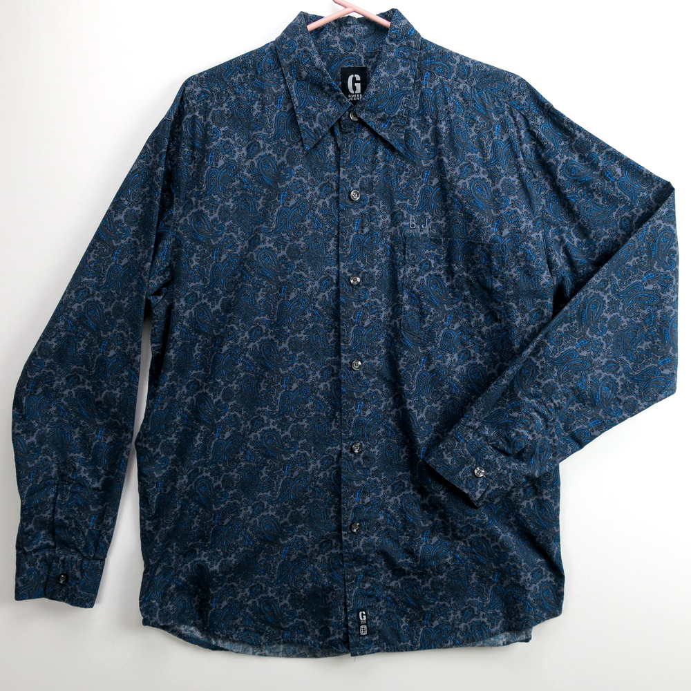 Mens Y2K Paisley Button Up Shirt Large Blue Gray Retro Patterned | Guess Jeans